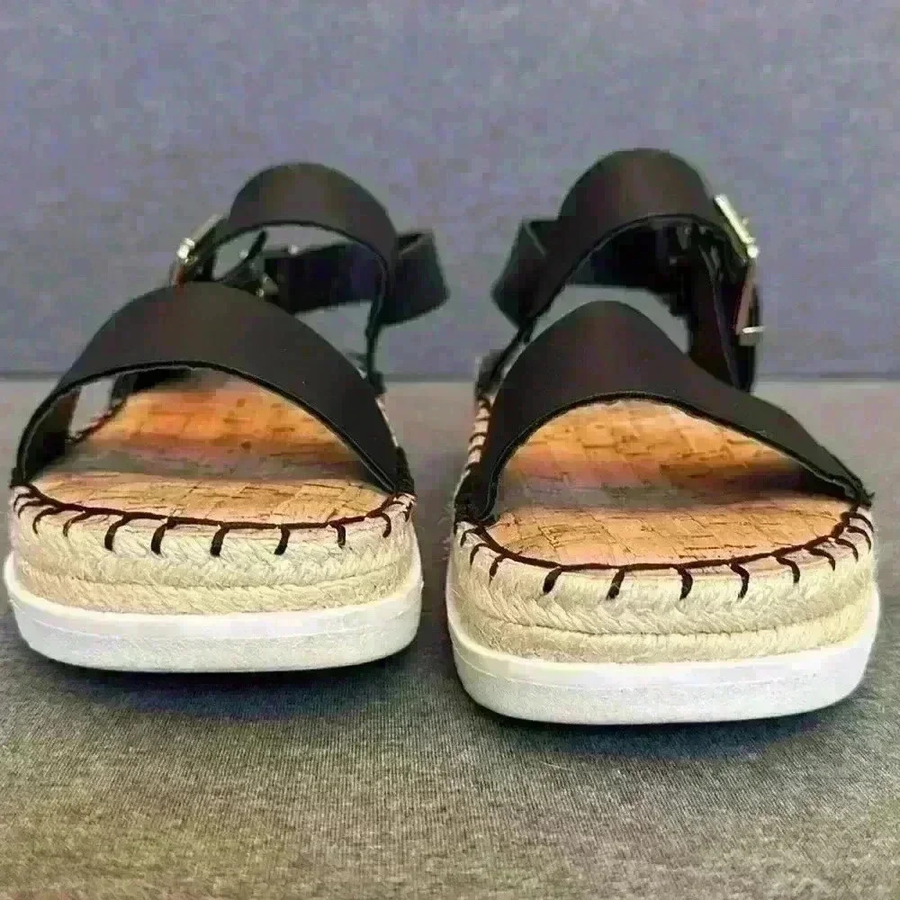 MTNG Wedge Sandal Black Strap Faux Leather Espadrille Cork Soles Women 40-9/9.5 - Picture 9 of 12